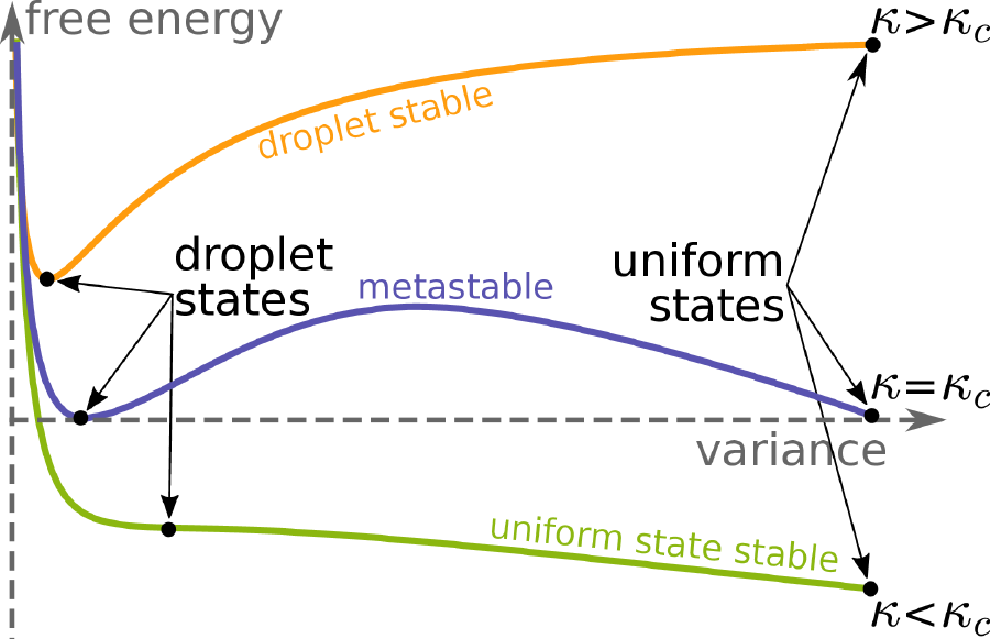 Illustration of a discontinuous phase transition for the McKean-Vlasov free energy for varying interaction strength. The horizontal line is the variance and the vertical line the constraint minimizer of the free energy given the variance.
