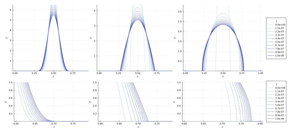 Numeric obtained source type solutions (Barenblatt-type) in the regime with compact support.